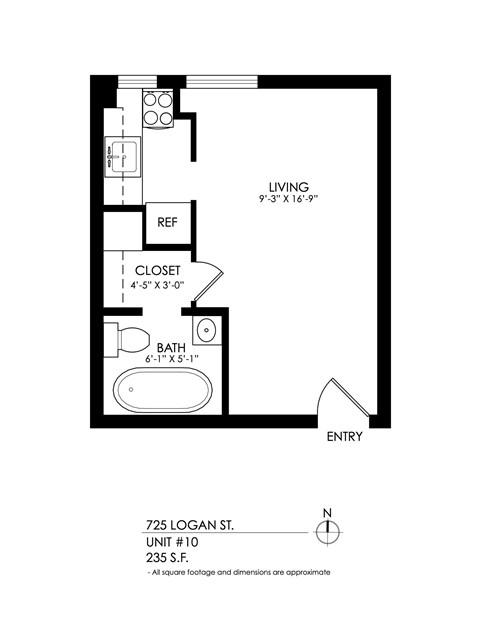 A black and white image of a floor plan for a unit at 725 Logan St.